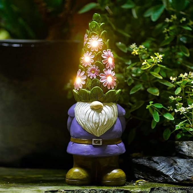 Nacome Solar Garden Outdoor Statues Gnome with Succulent | 7 LED Lights, Lawn Decor Statue for Patio, Balcony, Yard Ornament, Gifts for Mom Grandma Women