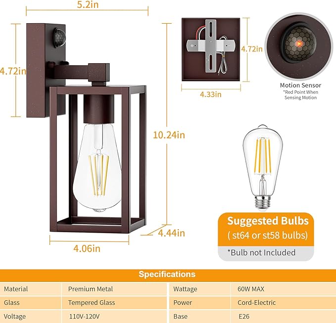 2 Pack Motion Sensor Outdoor Light Fixtures Wall Mount, Oil Rubbed Bronze Front Porch Lights, Dusk to Dawn Exterior Wall Sconce, Waterproof Lantern Lamp,Outside Coach Light for House,Garage,Yard