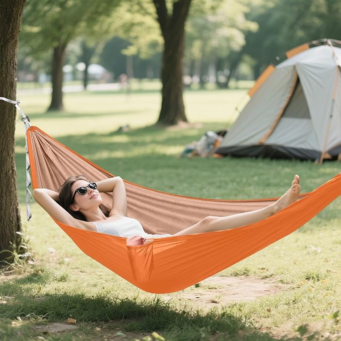 Orange Solid Color Camping Hammock, Portable Lightweight Single Hammock with Tree Straps and Aluminum Carabiners, 114" x 54" Travel Hammock for Hiking Backpacking Beach