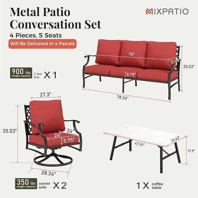 MIXPATIO Patio Furniture Set 4 pcs, Metal Outdoor Patio Furniture, 3-Seat Sofa, 2 Swivel Chairs, Coffee Table and 5.75" Extra Thick Cushion, Patio Conversation Set for Backyard Deck, Red-Orange