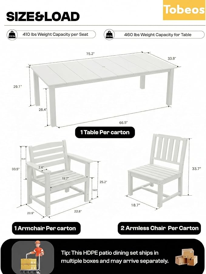 5-Piece Outdoor Dining Set with Aluminum Frame for 4,White | HDPE material, 2" umbrella hole, patio table and chairs, ideal for yard, lawn, garden, balcony, deck, poolside