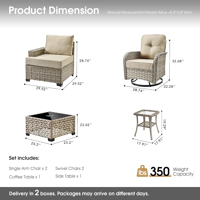 Rattan Patio Furniture Set with Swivel Chairs,6 Pieces Outdoor Sectional with Glowing Coffee Table,Out Door Furniture Conversation Set,Beige