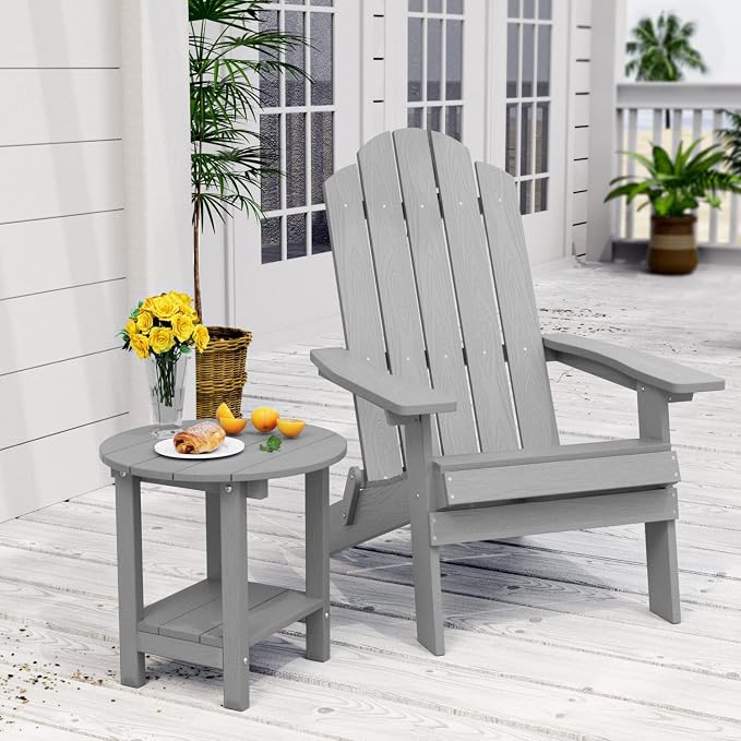 MXIMU Round Outdoor Side Table Adirondack Tables 18 Inch Chairside End Tables with Storage Shelf, 2-Tier Plastic Patio Side Table, Weather Resistant for Balcony Backyard Lawn (Grey, 2 Pack)