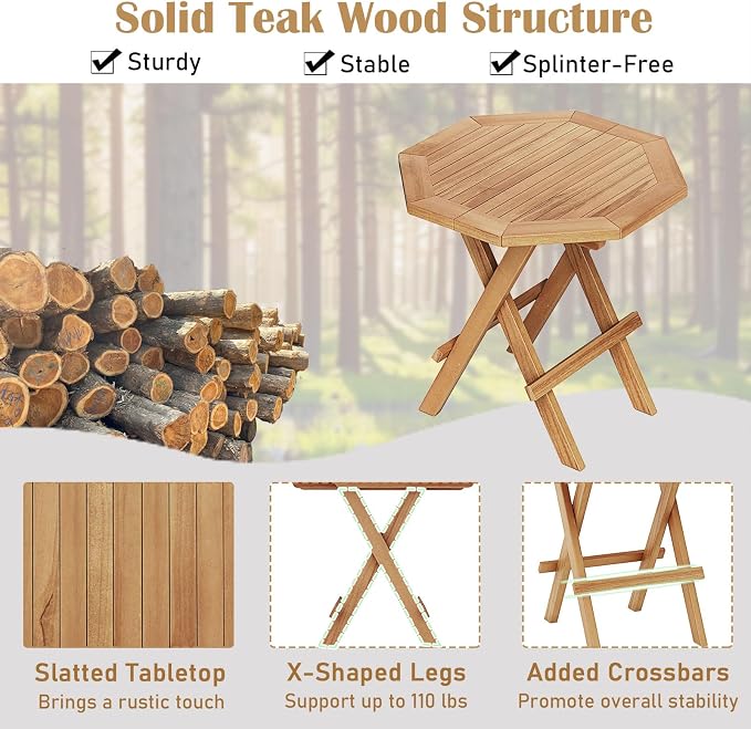 RELAX4LIFE Folding Outdoor Side Table - Set of 2 Teak Wood End Table, Octagonal Coffee Bistro Table w/Slatted Tabletop, Portable Picnic Camp Table for Poolside Porch Garden, Foldable Small Patio Table