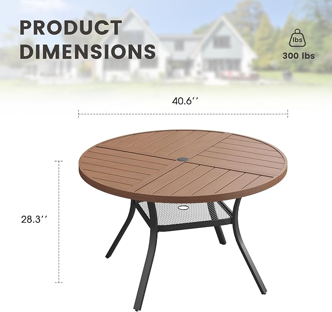 40.6" Outdoor Dining Table with Adjustable Umbrella Hole, Metal Slatted Round Patio Dining Table for Backyard Garden Deck, Walnut