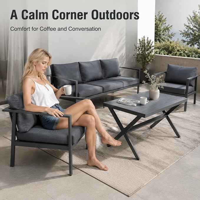 Aluminum Patio Sectional Furniture Set,5 piece Patio Conversation Sets Outdoor Patio Furniture Set Sofa with Coffee Table & Washable Cushions Grey