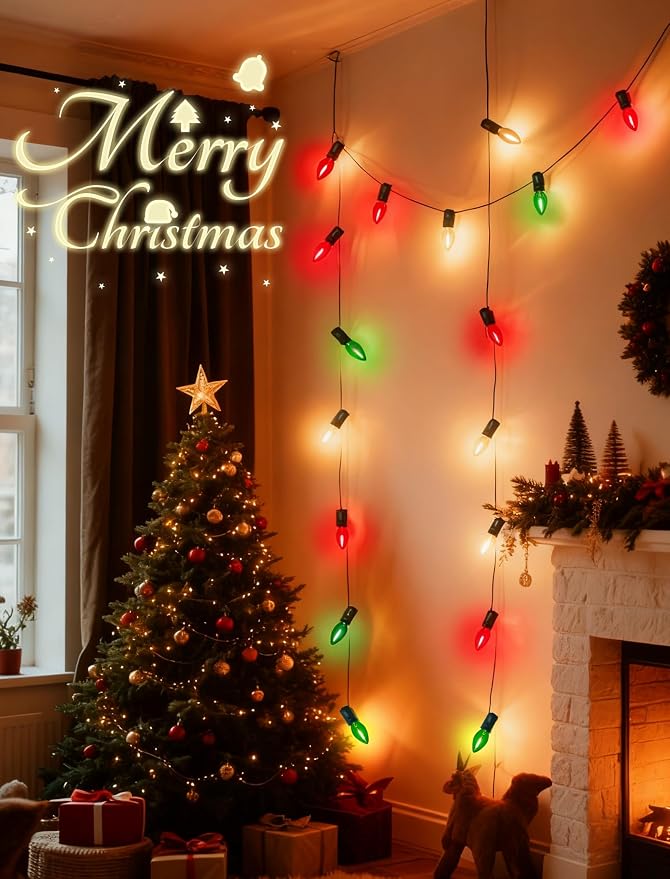 C7 LED Red White and Green Christmas Lights, 26Ft Vintage Outdoor Christmas String Lights with 27 LED Colored Bulbs, Connectable Hanging Xmas Decorations Lights for Roofline House Garden Patio Party