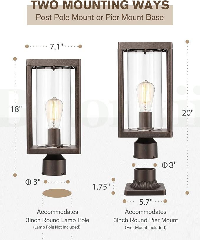 Beionxii Outdoor Post Lights, 20In Post Lantern with Pier Mount Base,Bronze | Hardwired 120V, Aluminum Exterior Lamp Post Light Fixture with Glass, Waterproof Fence Post Deck Lighting, BXA291-P-2PK-ORB