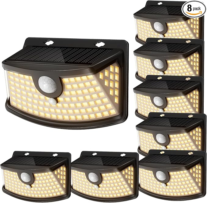 Aootek Solar Motion Sensor Lights Outdoor 120 LEDs, Black, 8 Pack | Lights Reflector, 270° Wide Angle, IP65 Waterproof, Step Lights For Front Door, Yard, Garage, Deck