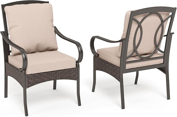 PHI VILLA Patio Dining Chairs Outdoor Wicker Chairs Set of 2 with Cushions | Heavy Duty Outdoor Metal Wicker Dining Chair with Padded Cushions, Large All Weather Wrought Iron Patio Chair for Balcony