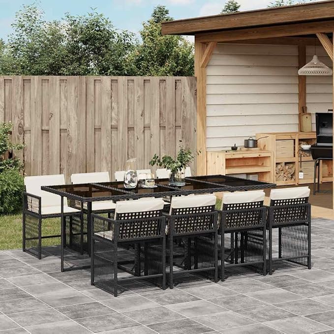 9 Piece Garden Dining Set, Black Poly Rattan Patio Furniture with 8 High-Back Chairs and Large Rectangular Table, Outdoor Dining Table Set for Backyard, Garden, and Balcony