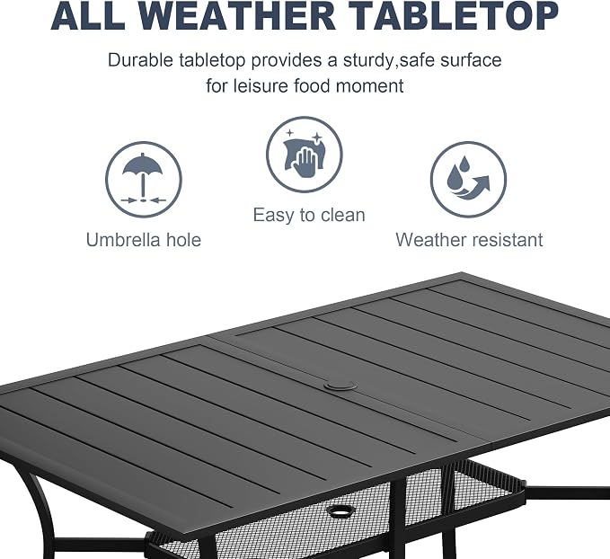 VICLLAX 7 Pieces Outdoor Dining Set, Patio Furniture Set Includes 59" Rectangular Metal Table W/ 1.9" Umbrella Hole and 6 Padded Textilene Swivel Chairs for Porch, Lawn, Garden, Backyard