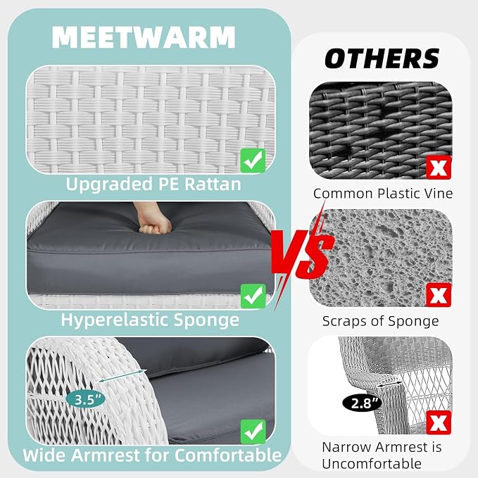 MEETWARM Patio Wicker Rocking Glider Set, All-Weather Outdoor Rattan Patio Rocking Chairs of 2, Patio Conversation Set with Thickened Cushions for Garden Porch & Backyard, White Wicker/Grey