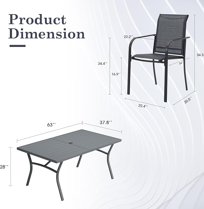 Patio Table and Chairs Set for 6, Outdoor Dining Set with 6 Stackable Dining Chairs and 63.1" x 28" Rectangle Patio Metal Table for Backyard, Deck, Lawn, Garden, Grey & Dark Grey