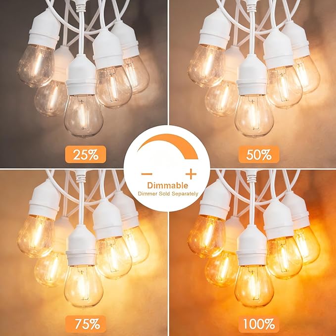 SUNTHIN 50FT Outdoor White String Light with 16 1W LED Shatterproof Filament Bulb for Patio Lights, Backyard, Porch, Party Lights