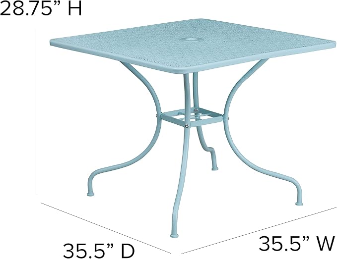 BizChair Commercial Grade 35.5" Square Sky Blue Indoor-Outdoor Steel Patio Table with Umbrella Hole