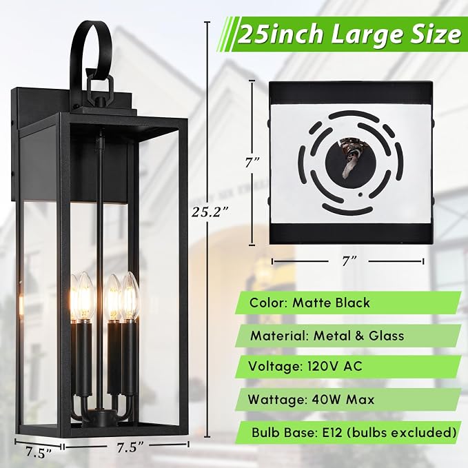 BesLowe 25" Extra Large Outdoor Wall Light, 4-Light Black Exterior Sconce | Waterproof, Rust-Resistant, Durable Metal with Clear Glass, Standard E12 Socket, Easy to Install