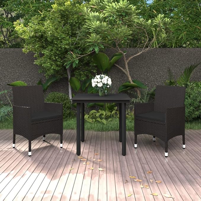 3 Piece Patio Dining Set with Cushions, Poly Rattan and Glass Table, Weatherproof Outdoor Furniture for Garden Backyard, Black Steel Frame Seats 2 with Armrests