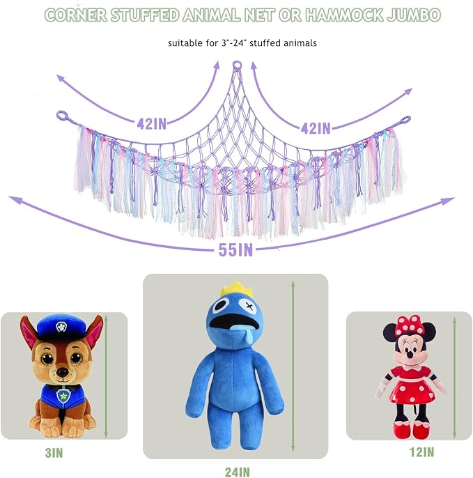 Macrame Stuffed Animal Hammock with LED Lights - Purple Hanging Corner Storage Net for Bedroom Plushie Organization