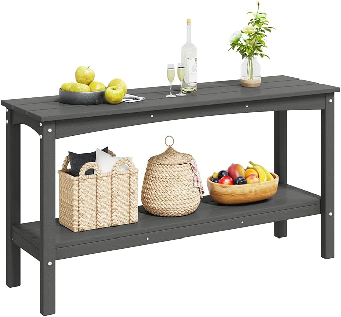 Costaelm Adirondack Outdoor Side Table, 55” HDPE Small Outside Table with Storage Shelf, Weather Resistant Plant Shelf, Outdoor Coffee Table and Buffet Table for Pool & Yard, Gray