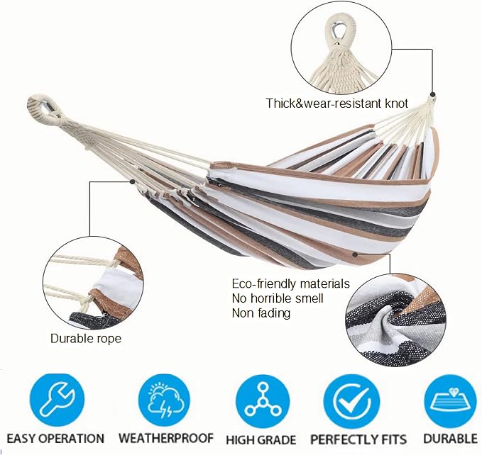 Comfortable Camping Hammock for 2 Preson Portable Hammock with Hanging Ropes & Carry Bag, Large79''x60''Cotton Hammock Up to 550lbs&Heavy Duty Carabiners for Camping Outdoor/Indoor Patio Backyard