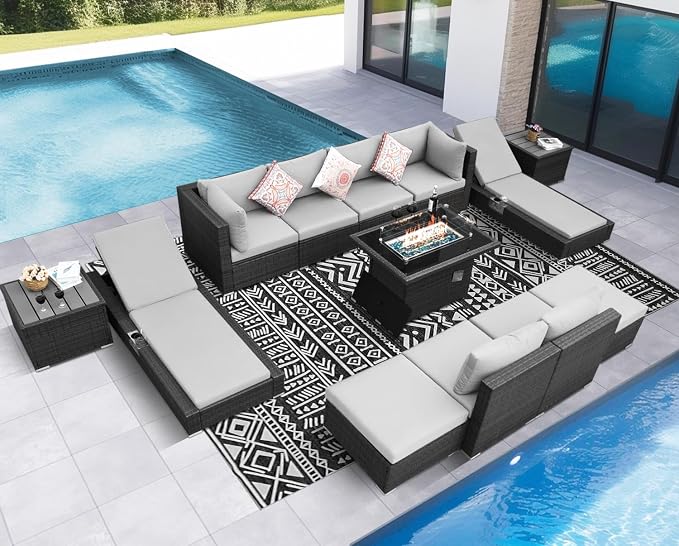 NICESOUL 13 Piece Patio Sectional w/Fire Pit, Modular Wicker Outdoor Couch w/Chaise Lounge, Large Size 29.3'' High-Back Deep Conversation Seating, All-Weather Backyard Movie Furniture, Light Grey