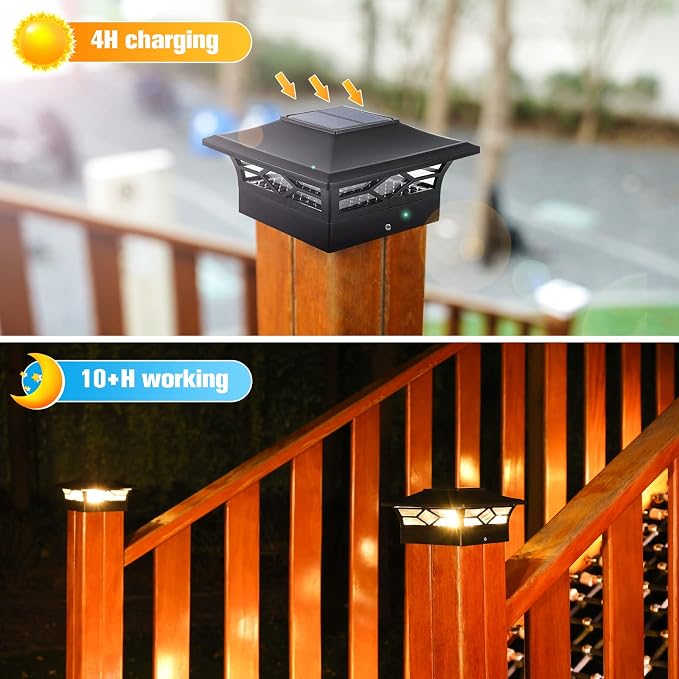 VOLISUN Solar Post Cap Lights: 6 - Pack Outdoor Deck Post Cap Lights Black for Dock Fence Waterproof 2 Color Modes,4x4/6x6 Wooden/Vinyl Posts
