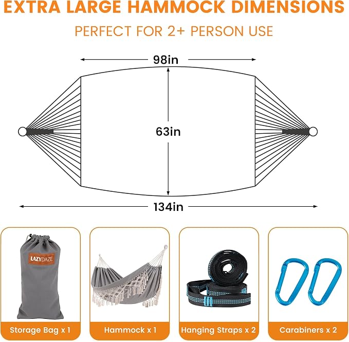 Lazy Daze Hammocks Double Brazilian Cotton Hammock, Extra Large Portable Outdoor Camping Hammock with Tree Straps & Travel Bag for Backyard Patio Poolside Indoor, 550lbs Capacity, Light Gray