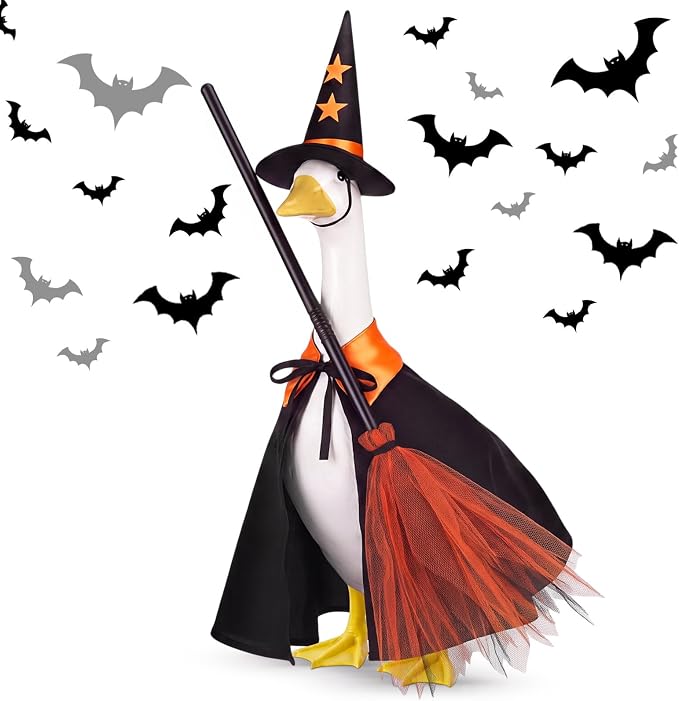 Halloween Porch Goose Outfit Goose Dress Witch Clothes with Broom and Hat Costume for 23" Gooses Statue Decoration Patio Yard Garden Lawn Outdoor Decors