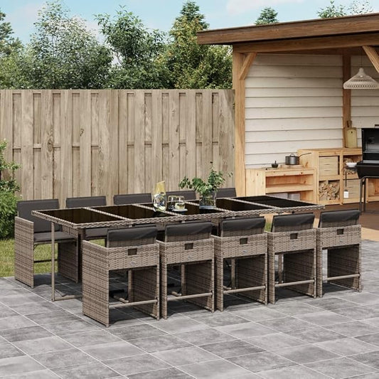 11 Piece Outdoor Patio Dining Set with Cushions Gray Poly Rattan Table and 10 Chairs for Garden Backyard Deck Relaxation UV Proof Tempered Glass