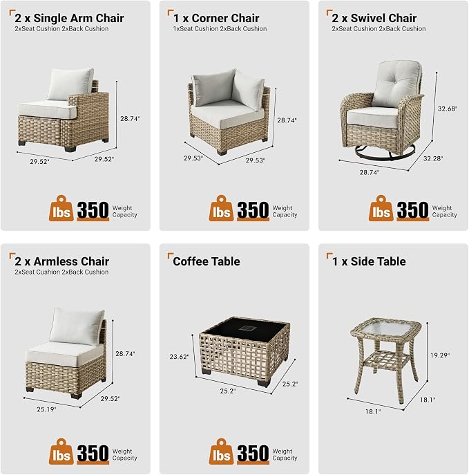 ovios 9 Piece Patio Sectional Furniture with Swivel Rocking Chairs, Rattan Wicker Coversation Couch Set, Outdoor Sofa Set for Outside Porch Balcony Backyard Pool, Light Grey