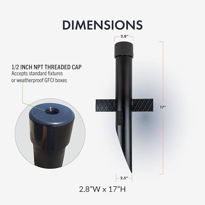 17" Outdoor Landscape Lighting Mounting Post – Heavy Duty ABS Ground Stake with Stabilizing Wings & 1/2" NPT Threaded Cap for Flood Lights, Spotlights & Outdoor Fixtures, MPOST17