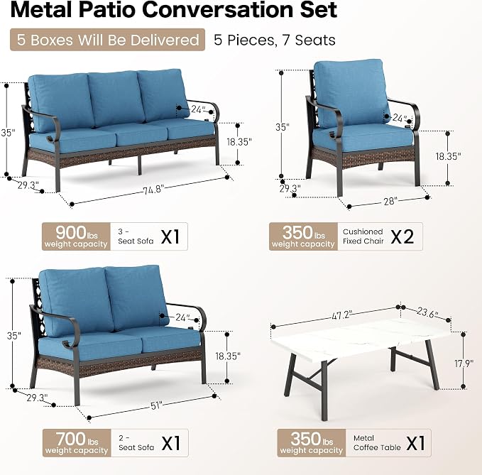 SUNSHINE VALLEY 5 Piece Metal Outdoor Patio Furniture Set, Patio Conversation Sets with 3-Seater Sofa, Loveseat, 2 Fixed Sofa (5.75" Thick Cushion) & Coffee Table Black Backyard Furniture, Denim Blue