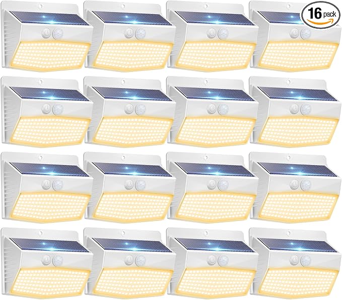 16 Packs Solar Outdoor Lights Motion Sensor Solar Security Lights Waterproof with 3 Lighting Modes Solar Powered Wall Lights Outside for Garden Fence Yard Deck, Warm White