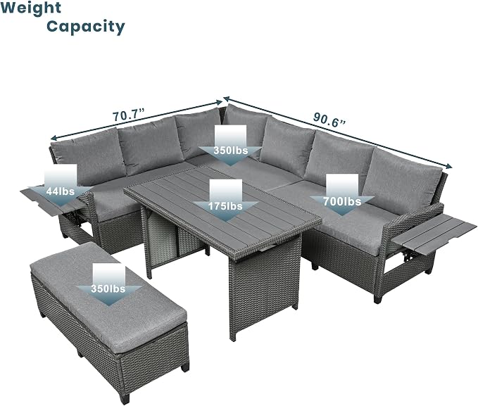 GDFStudio Brava Patio 5-Piece Conversation Set, Outdoor Rattan Sectional Sofa Set with Extendable Side Tables, Dining Table and Bench, L Shaped PE Wicker Furniture Set for Garden, Poolside, Grey
