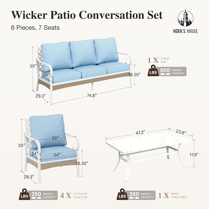 HERA'S HOUSE 6 Piece Metal Patio Furniture Set, All Weather Outdoor Conversation Set with 3-Seat Sofa, 4 Fixed Chairs & Coffee Table, 7 Seats for Backyard, Garden, Deck, White/Blue