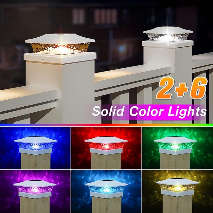 APONUO Solar Post Cap Lights with 8 RGB Solid Colors & Multicolor Flow - 12 Pack Fence Post Solar Lights, IP65 Waterproof - Fits 4x4 5x5 6x6 Wood & Vinyl Posts - White