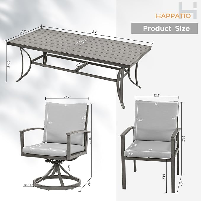 HAPPATIO 9-Piece Patio Outdoor Dining Set - All Aluminum Patio Table and Chairs Set for 8 Includes 1 Rectangular Table, 6 Dining Chairs, and 2 Swivel Chairs with Cushions for Lawn, Garden