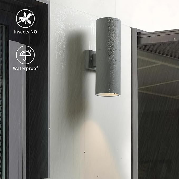 mirrea 18" Modern Outdoor Porch Light in 2 Lights, Matte Gray, 2 Pack | Aluminum cylinder exterior fixtures, tempered glass cover, waterproof wall sconce & patio light for outdoor use.