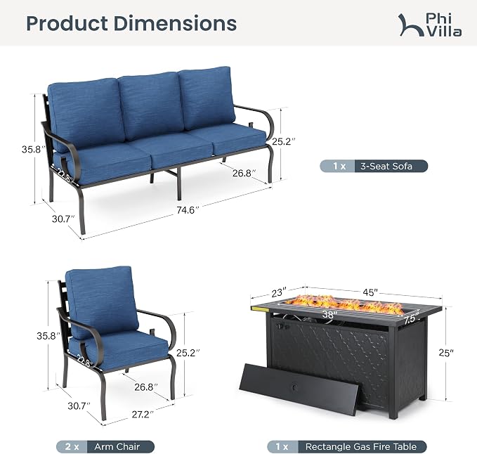 PHI VILLA Patio Furniture Set, 3-Seater Sofa, 2 Fixed Chairs and a 45" Fire Pit Table, Outdoor Metal Conversation Set with 5.75" Extra Thick Cushion for Garden Backyard Deck, Navy