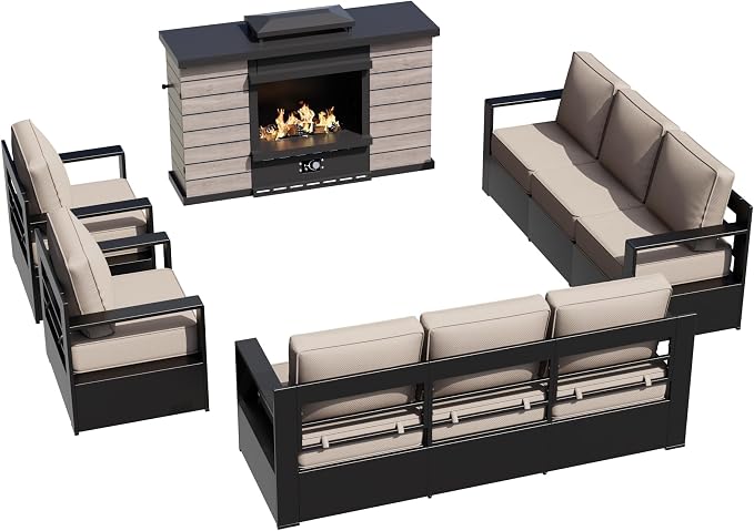 Outdoor Aluminum Furniture Set, 5-Piece Patio Conversation Set, 2 Swivel Chairs, 2 Sofa and 1 Fireplace, All-Weather Metal Frame, 6" Thick Removable Cushions, Deep Setting for Garden and Porch