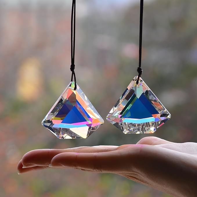 2PCS Diamond Crystal Suncatcher Prisms for Windows(Diamond ABColor) | AB Color, Transparent, K9 Glass, Rainbow Maker, with Hooks & Cord