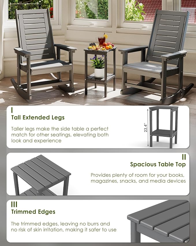 GREENVINES Tall-Outdoor-Side-Table Set of 2 | 23.5" | HDPE Plastic | Patio Adirondack End Tables | All Weather | 2-Tier | Grey | for Porch Garden Indoor & Rocking Chairs