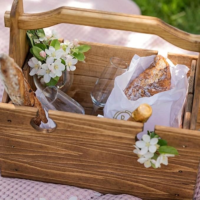 Wooden Folding Picnic Table with Storage Basket - 2-in-1 Portable Outdoor Table with Wine Glass Holder, Ideal for Champagne, Snacks and Beach or Park Picnics (Vintage)