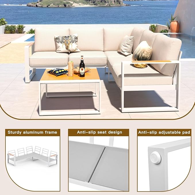 Outdoor Patio Furniture Set, Aluminum Sectional Sofa L Shape Conversation Sets, Modern Metal Patio Couch Sofa and Teak Desktop Aluminum Table for Patio, Porch, Backyard