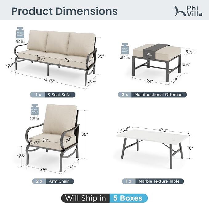 PHI VILLA Patio Conversation Sets 6 Piece, Deluxe Outdoor Patio Set for 5-7 Person with 3 Seater Padded Deep Seating Bench, 2 Padded Armrest Sofa Chairs, 2 Ottoman and & 1 Coffee Table