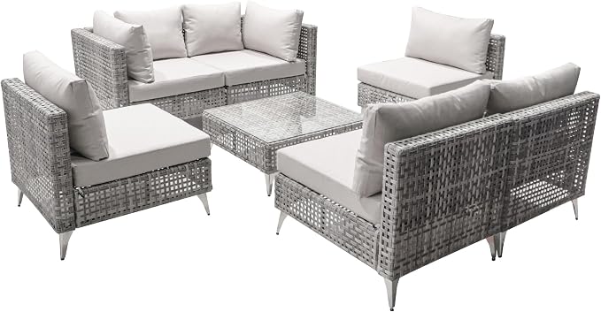 YOPTO 7-Piece Wicker Patio Furniture Set with Water Resistant Thick Cushions & Coffee Table,Outdoor Conversation Set Sectional Sofa W/Removable Cushions Cover,Free Combination,for Patio,Backyard,Gray