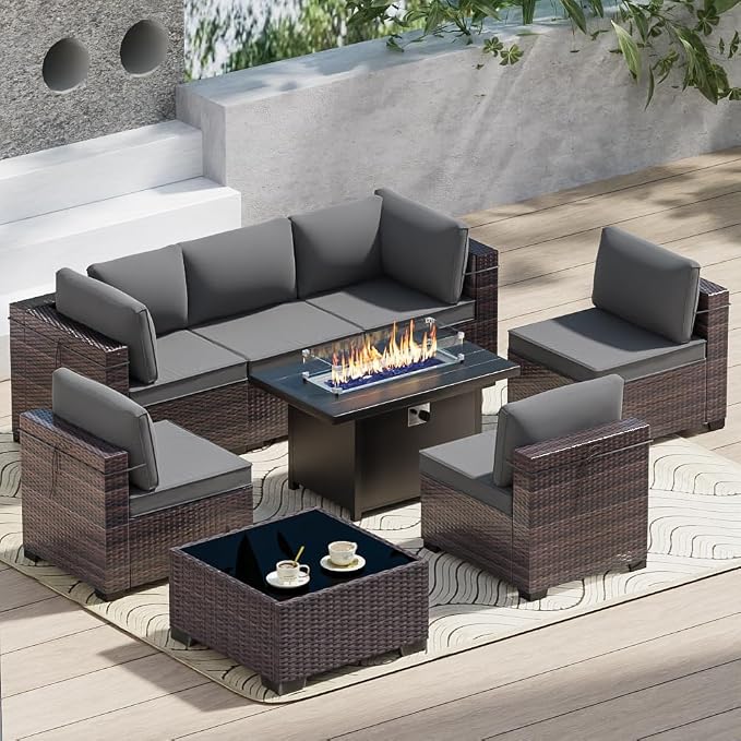 Outdoor Terrace Furniture Set, 8 Piece Outdoor Furniture Set, with 43 inch Aluminum 55000 BTU Propane fire Pit, PE Willow Vine Terrace Dialogue Set - Grey.
