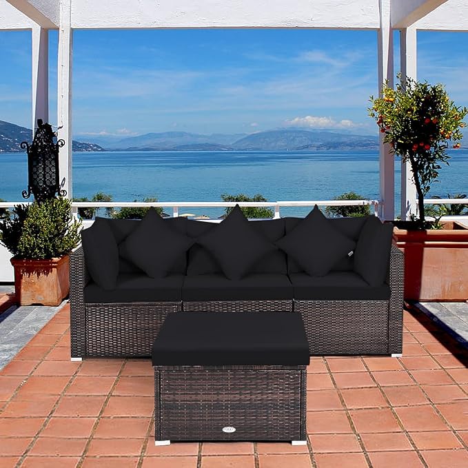 HAPPYGRILL 4-Piece Patio Conversation Set Outdoor Wicker Sofa Set, Modern Sectional Couch Set with Washable Cushions & Pillows, All Weather PE Rattan Patio Furniture Set