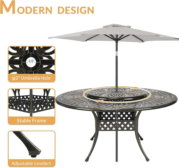 9-Piece Patio Furniture Dining Set, All Weather Cast Aluminum Outdoor Conversation Set- 61" Round Patio Dining Table with Detachable Lazy Susan & 8 Chairs, 2" Umbrella Hole, Navy Blue
